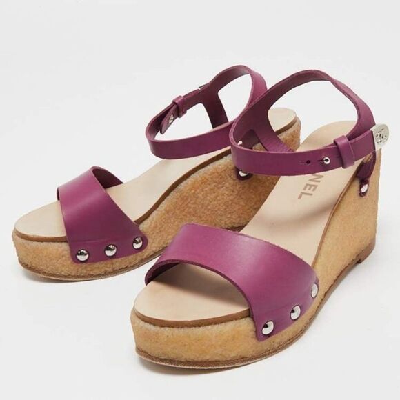 Chanel Chunky Platform Wedge Sandals 35.5 5 Ankle Strap Purple Pink Leather 70s - Picture 1 of 9